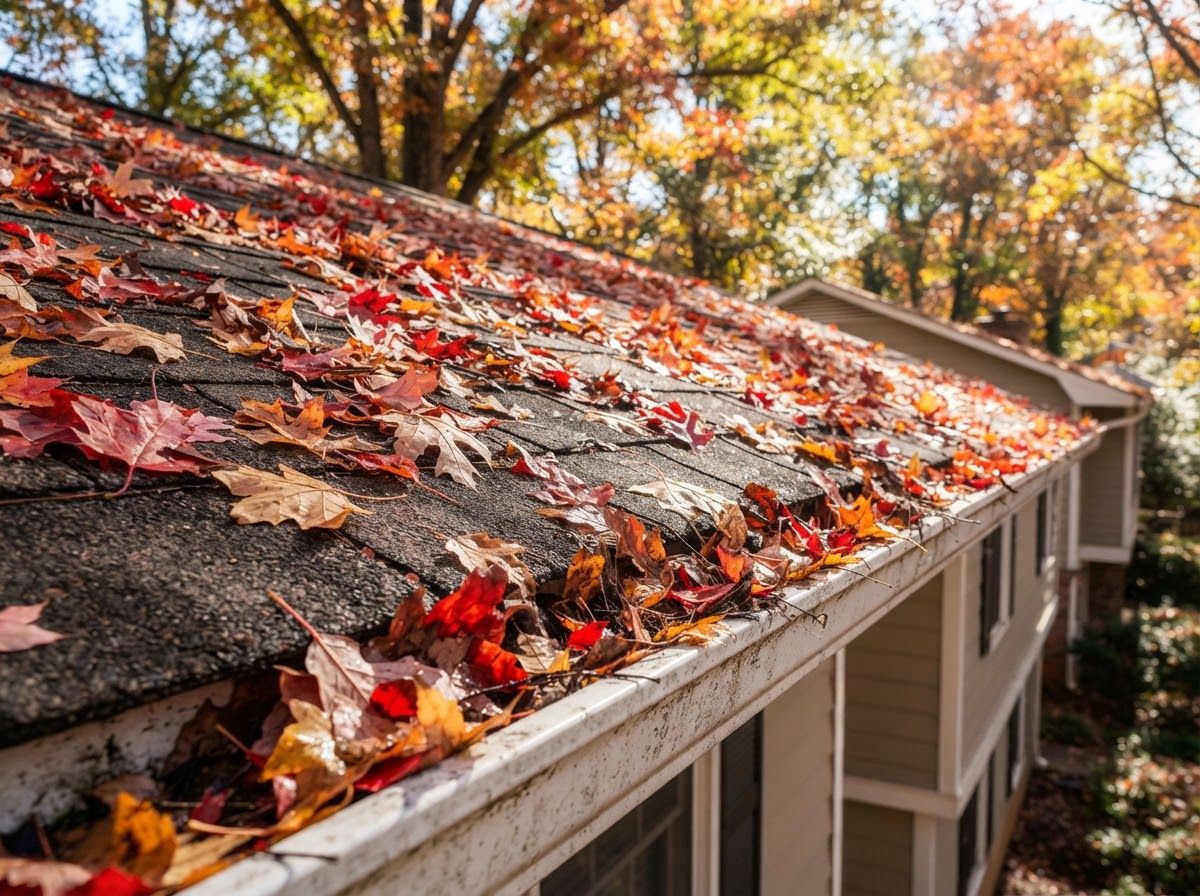 Red and orange fall leaves covering a roof and filling the gutter