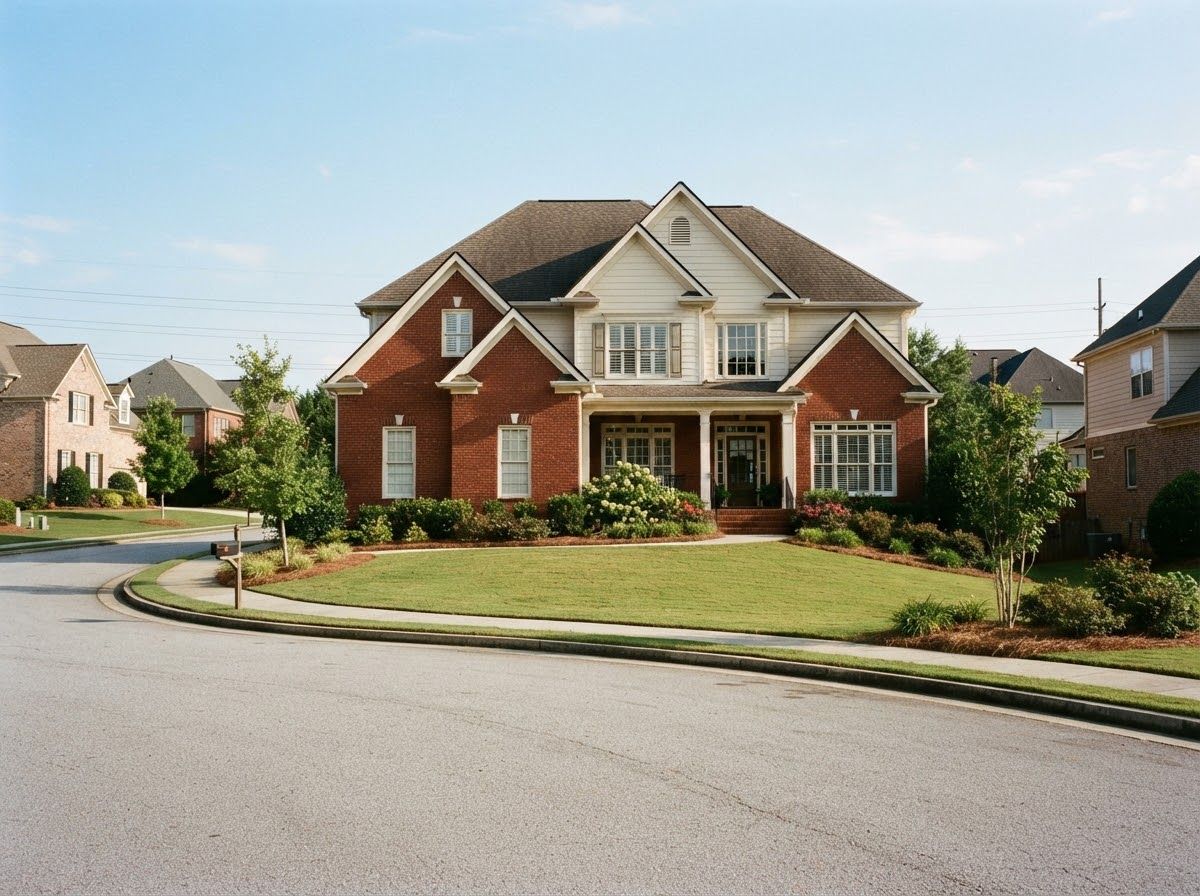 Brick-front two-story house with several gables, facing a cul-de-sac