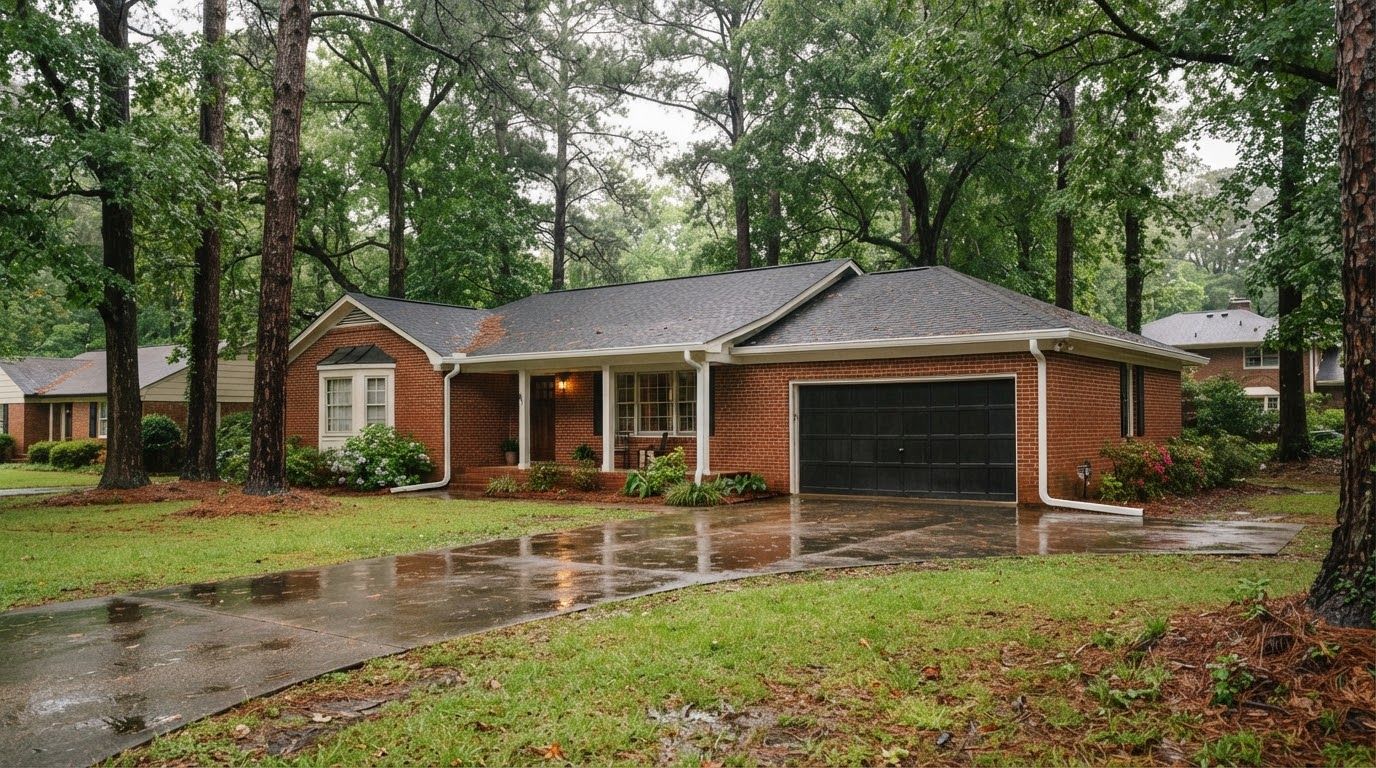 Brick ranch house with white gutters under tall pines after rain