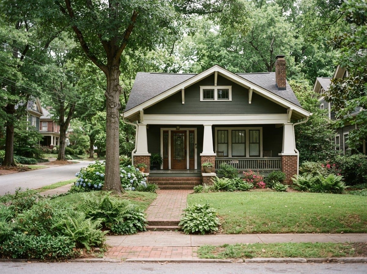 Craftsman bungalow with a deep front porch on a shady street