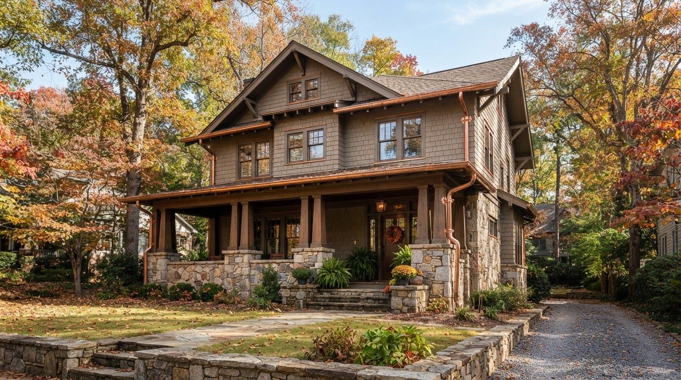 Two-story craftsman house with copper gutters and downspouts among fall trees