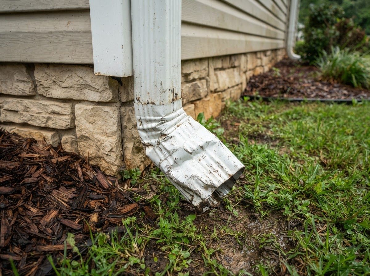 White downspout crushed flat at its bottom elbow beside a stone foundation