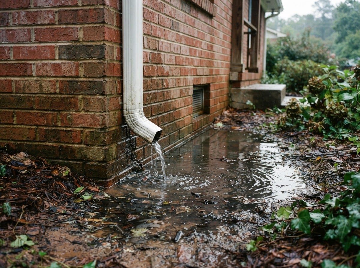 Downspout emptying into a puddle against a brick foundation wall