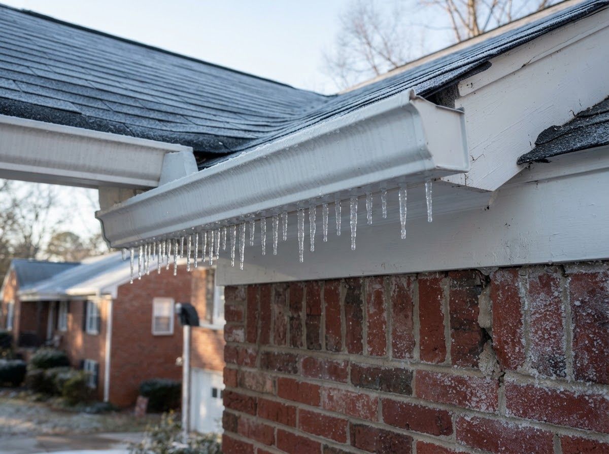 Short icicles hanging from a white gutter on a brick house