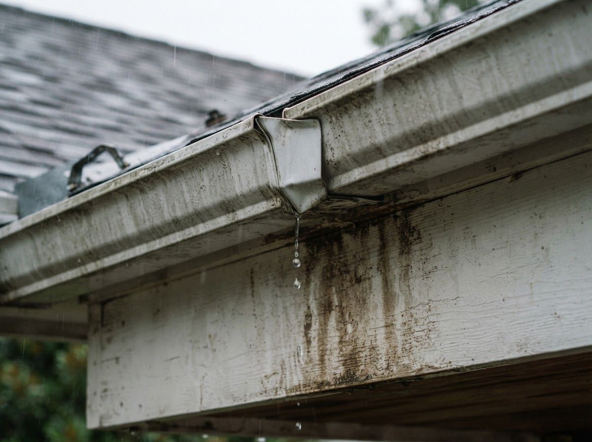 Water dripping from a joint in an old gutter, with stains running down the fascia