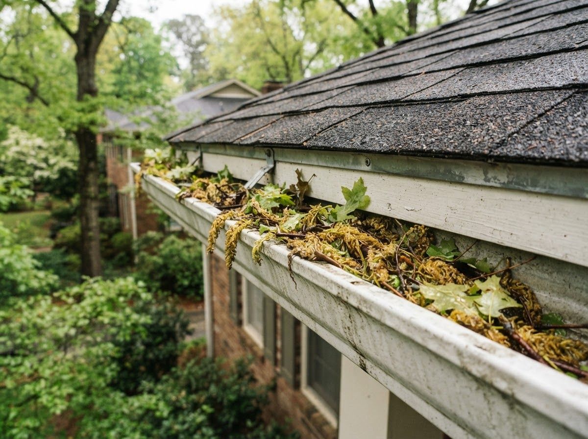 Oak tassels and new leaves filling a gutter in spring