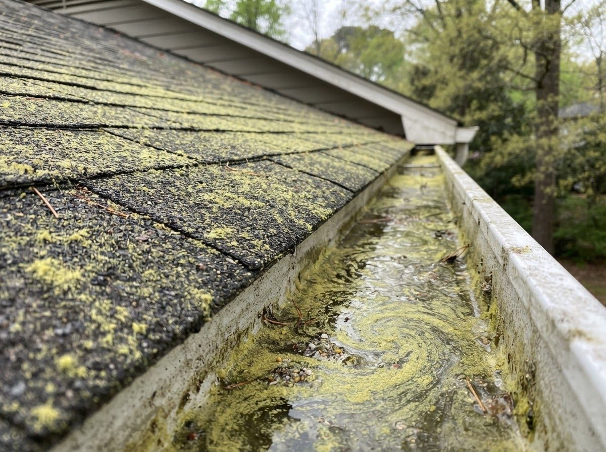 Yellow pine pollen on the shingles and floating on rainwater in a gutter