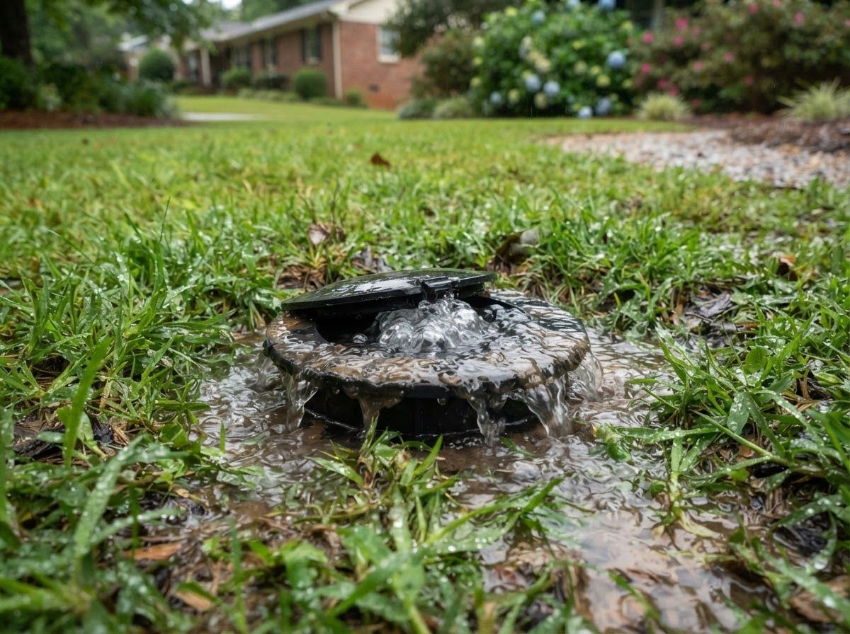 Pop-up drain emitter releasing water in a lawn