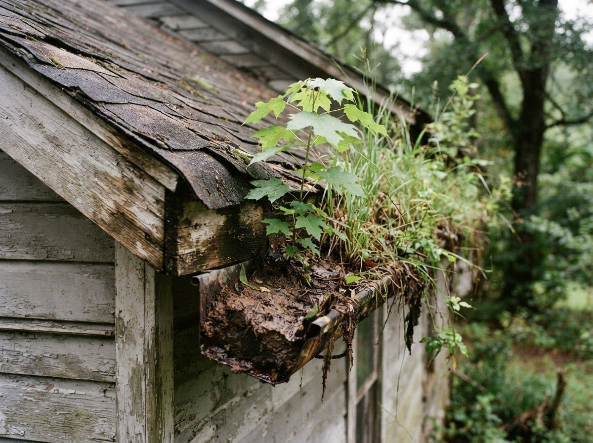 Grass and a maple sapling growing out of a neglected gutter
