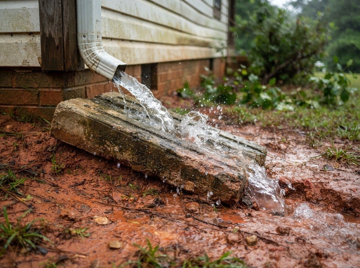 Downspout water spilling off a splash block and cutting into red clay