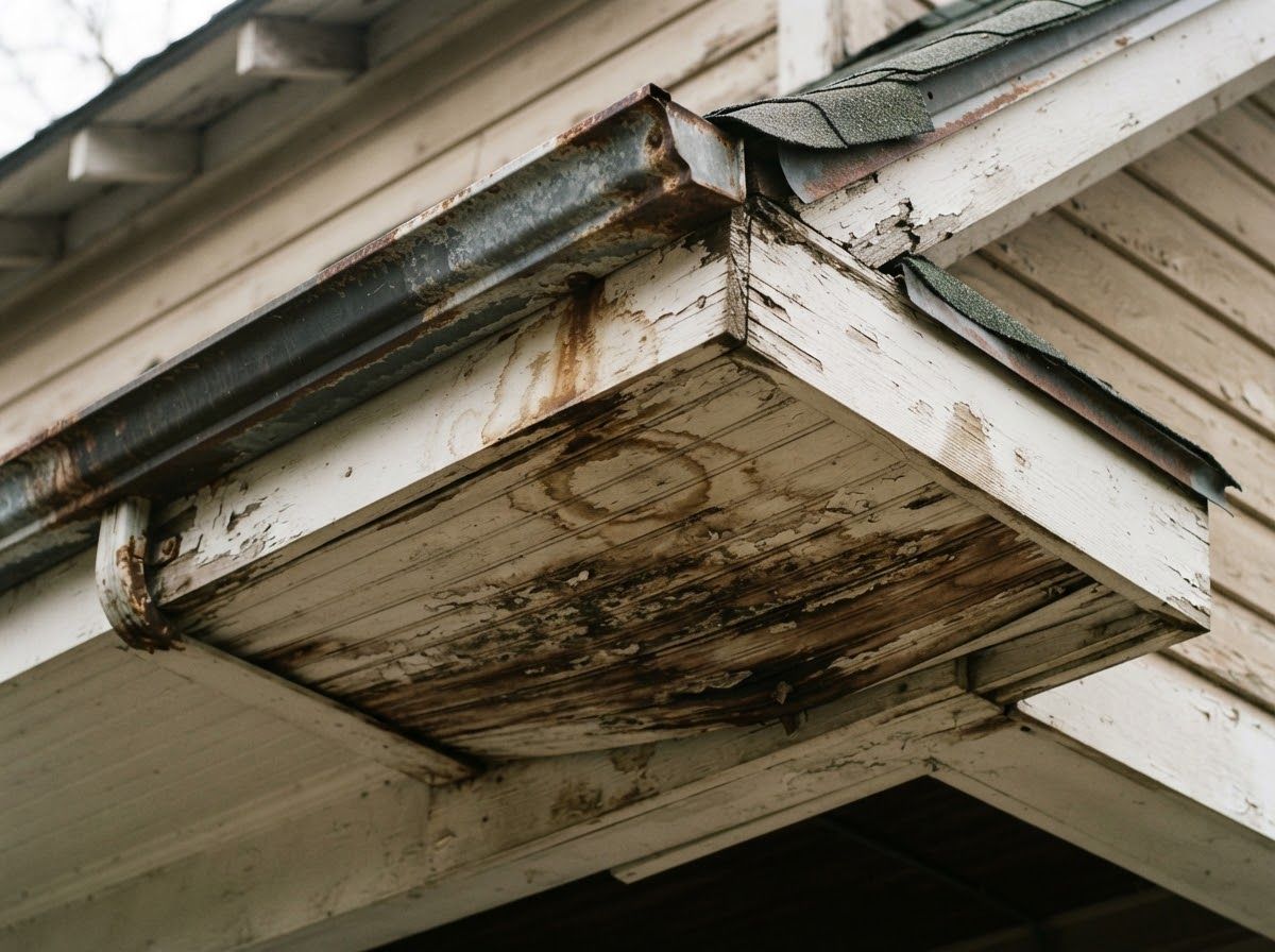 Water-stained, peeling soffit under a rusted gutter at a roof corner
