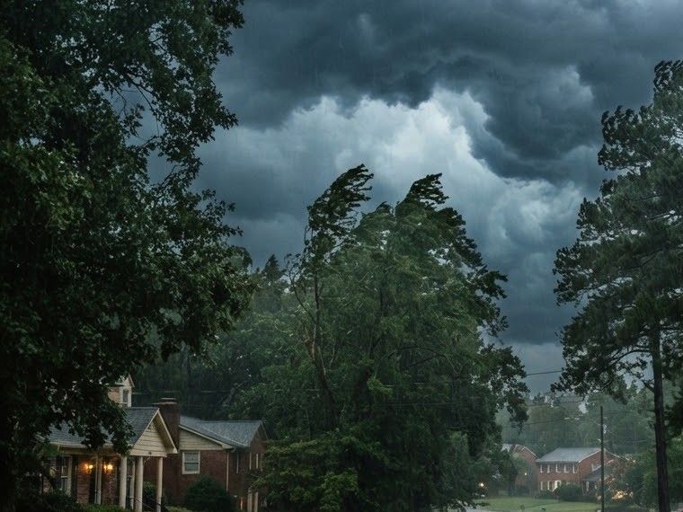 Dark thunderstorm clouds and wind-bent trees over a street of brick houses