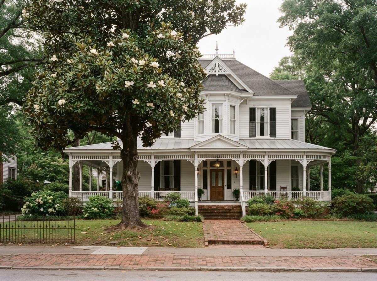 White Victorian house with a wraparound porch behind a blooming magnolia